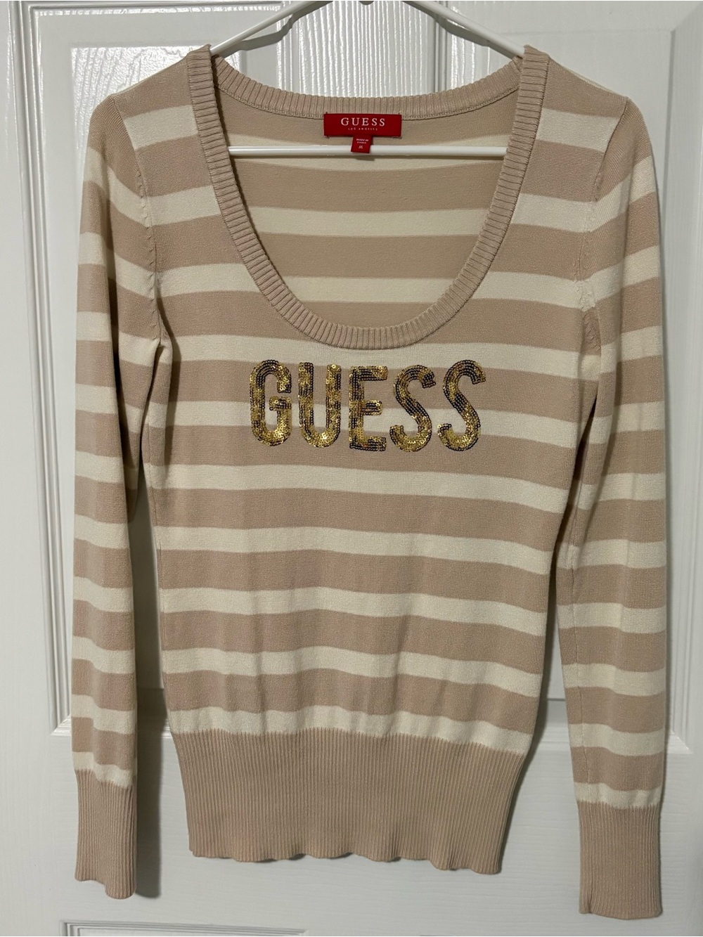 GUESS Beige & Cream Striped Scoop Neck Sweater with Sequin Logo